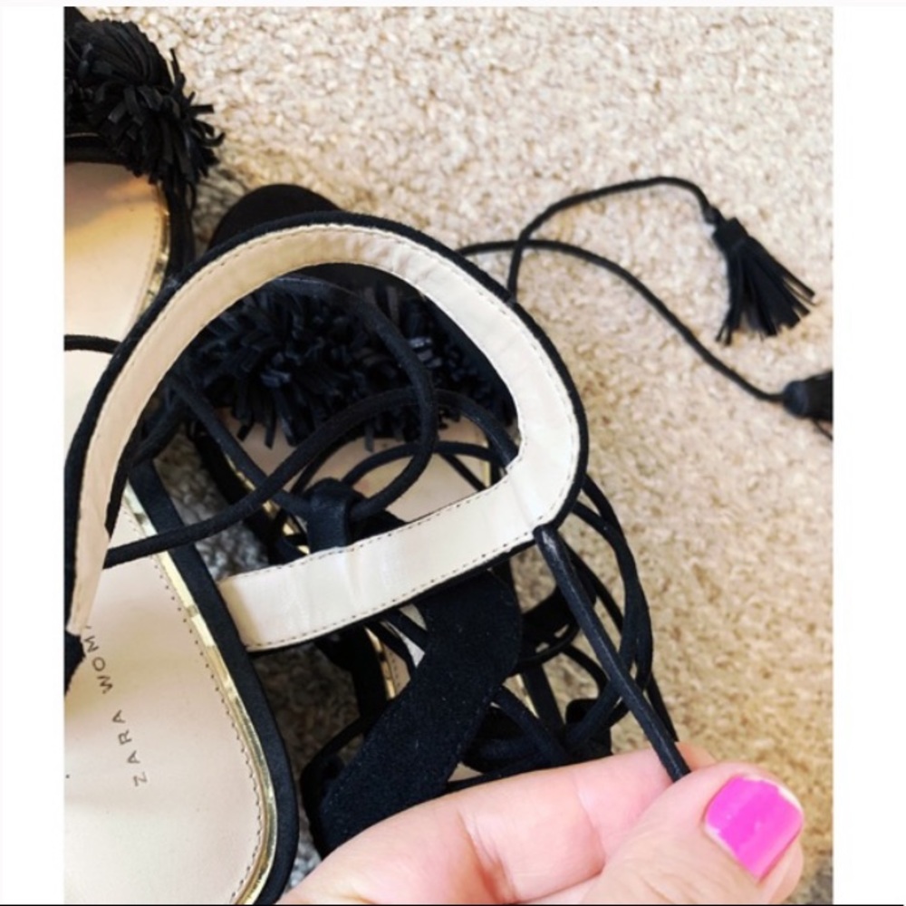 Zara Leather Lace Up Sandals With Chunky Heel - Picture 6 of 10